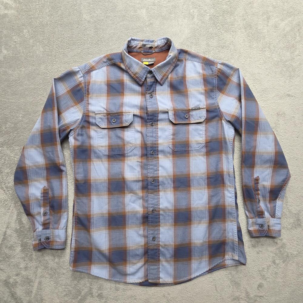 Eddie Bauer Shirt Mens L Blue Plaid Long Sleeve Button Up Classic Fit Polyester